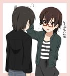  brown_eyes brown_hair casual glasses half_rim_glasses highres ikari_manatsu jacket k-on! manabe_nodoka nodoka_glasses petting red-framed_glasses semi-rimless_glasses shirt short_hair skirt smile striped striped_shirt translated translation_request under-rim_glasses 