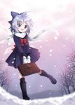  bag bare_tree blue_eyes blue_hair boots bow cirno earmuffs hair_bow kneehighs looking_at_viewer mauve mittens open_mouth perfect_cherry_blossom scarf school_bag school_uniform serafuku smile snow snowing solo touhou tree wings 