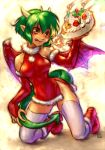  1girl :q boots cake candle christmas draco_centauros dragon_tail dragon_wings elbow_gloves fire food fruit gloves green_hair holly horns kneeling miniskirt neko_no_yu pom_pom_(clothes) puyopuyo short_hair skirt solo strawberry tail thighhighs tongue white_legwear wings yellow_background yellow_eyes 