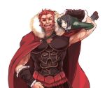  ^_^ armor bad_id beard black_hair bob_cut cape carrying closed_eyes eyes_closed facial_hair fate/stay_night fate/zero fate_(series) green_eyes hissiu male multiple_boys necktie person_over_shoulder red_hair redhead rider_(fate/zero) shoulder_carry size_difference waver_velvet 