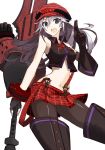  arisa_iriinchina_amieera blue_eyes boots breasts crop_top elbow_gloves gloves god_eater god_eater_burst gun hat highres long_hair navel open_mouth pantyhose plaid silver_hair simple_background skirt sleeveless solo suspenders sword thigh-highs thigh_boots thighhighs vane weapon 