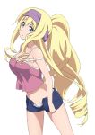  blonde_hair blue_eyes breasts camisole casual cecilia_alcott cleavage cosplay drill_hair errant gotanda_ran gotanda_ran_(cosplay) headband infinite_stratos long_hair midriff open_fly panties ponytail short_shorts shorts simple_background solo strap_slip unbuttoned underwear unzipped very_long_hair white_panties 