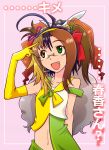  annotated asymmetrical_clothes asymmetrical_clothing asymmetrical_hair black_hair blonde_hair brown_hair chimerism curly_hair elbow_gloves fang fusion glasses gloves green_eyes hair_ornament hair_ribbon hairband headset heterochromia idolmaster light_brown_hair long_hair momojiri_tarou multicolored_hair navel pointing ponytail ribbon short_hair side_ponytail silver_hair solo translated twintails yellow_eyes yellow_gloves 