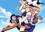  alice_margatroid bad_id blonde_hair bloomers blue_eyes boots braid broom fang flying frills hand_on_hat hat kirisame_marisa knee_boots matatabi_maru multiple_girls petticoat riding shanghai_doll sky star touhou turtleneck witch witch_hat yellow_eyes 