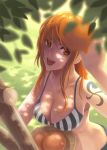  breasts catwyz cleavage food fruit highres large_breasts long_hair looking_at_viewer nami one_piece open_mouth orange orange_eyes orange_hair smile solo swimsuit tattoo tree_shade 