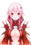  bare_shoulders blush breasts bust cat&#039;s_cradle cat's_cradle center_opening cleavage colored_eyelashes elbow_gloves face fingerless_gloves fingernails gloves guilty_crown hair_ornament hairclip hands highres long_hair looking_at_viewer open_\m/ pink_hair red_eyes rokumu_hitomu solo twintails yuzuriha_inori 