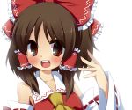  bad_id bare_shoulders brown_hair detached_sleeves ebiebiebio face hair_ribbon hakurei_reimu hands looking_at_viewer miko open_mouth red_eyes ribbon smile solo teeth touhou 