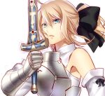  armor armpits bare_shoulders blonde_hair blue_eyes bow bust caliburn fate/stay_night fate/unlimited_codes fate_(series) hair_bow murakami_yuzu ponytail saber saber_lily simple_background solo sword weapon 