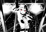  1girl arm_up breasts hrk173 kagerou_project kisaragi_attention_(vocaloid) kisaragi_momo looking_at_viewer microphone monochrome open_mouth red_eyes smile solo 
