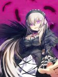  breasts choker dress fakon feathers frills from_below glowing glowing_eyes gothic_lolita grin hairband large_breasts lolita_fashion long_hair looking_down outstretched_hand purple_eyes ribbon rozen_maiden silver_hair smile solo suigintou taut_shirt very_long_hair violet_eyes wings 