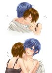  1girl biting blue_eyes blue_hair blush brown_hair closed_eyes couple eyes_closed hamura_mayu kaito love meiko neck_biting short_hair simple_background vocaloid 