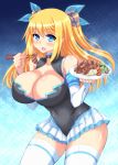  bare_shoulders beef blonde_hair blue_eyes blush breasts cleavage detached_sleeves dish dress eating food hair_ribbon huge_breasts ishioto long_hair meat microsoft miniskirt open_mouth ribbon silverlight skirt solo standing stocking thigh-highs thighhighs twintails white_legwear yakiniku 