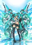  aqua_eyes aqua_hair cocoaore detached_sleeves hatsune_miku highres long_hair megaphone navel necktie open_mouth skirt smile solo thigh-highs thighhighs twintails very_long_hair vocaloid zettai_ryouiki 