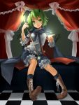  antennae black_legwear boots cape checkered checkered_floor cross-laced_footwear curtains green_eyes green_hair highres lace-up_boots nanairo pants short_hair shorts sitting socks solo stick touhou wand wriggle_nightbug 