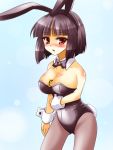  between_breasts black_hair bowtie breasts bunny_ears bunny_tail bunnysuit character_request copyright_request detached_collar modeldd6 pantyhose red_eyes short_hair solo tail wrist_cuffs 