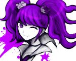  1girl alternate_hair_color dangan_ronpa enoshima_junko eyelashes hair_ornament partially_colored portrait purple_hair smile solo tezurumozuru twintails violet_eyes wink 