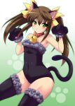  armpits bare_shoulders bell bell_collar black_legwear blush brown_hair cat_ears cat_paws cat_tail collar green_eyes huang_lingyin infinite_stratos kittysuit long_hair paws smile solo tail thigh-highs thighhighs tsukishiro_kou twintails 