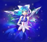  blue_eyes blue_hair bow breasts cirno cleavage hair_bow ice perfect_cherry_blossom smile snow snowflakes solo touhou wings yutsuka yutsuka_(amyucca) 