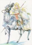  agahari armor barding blonde_hair blue_eyes breastplate cape circlet faulds greaves horse horseback_riding long_hair pauldrons polearm reins riding ruby_(tear_ring_saga) shield solo spear tear_ring_saga traditional_media weapon 