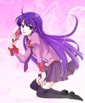  highres kneeling long_hair miitasu monogatari_(series) purple_eyes purple_hair school_uniform senjougahara_hitagi stapler violet_eyes 