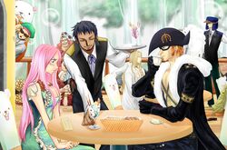  beard bepo blush breasts capone_gang_bege cleavage cup dress earrings eustass_captain_kid facial_hair food gloves hat jewelry jewelry_bonney jewelry_bonnie killer_(one_piece) large_breasts long_hair mask one_piece pink_eyes pink_hair puchiri scratchmen_apoo shachi_(one_piece) sunglasses table trafalgar_law urouge x_drake 