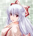  bow breasts bust cleavage face fujiwara_no_mokou hair_between_eyes hair_bow head_tilt large_breasts long_hair looking_at_viewer nori_tamago open_mouth red_eyes silver_hair simple_background smile solo suspenders touhou very_long_hair 