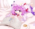  barefoot book crescent hat lying patchouli_knowledge poprication purple_eyes purple_hair solo touhou violet_eyes 