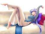  arm_up barefoot blue_eyes blue_hair blush braid couch crossed_legs crossed_legs_(lying) cushion feet fist heterochromia lavolpe_(yagisaka_seto) leg_up legs legs_crossed long_hair long_legs lying on_back original payot pillow purple_eyes side_slit silver_hair sitting solo thighs very_long_hair yagisaka_seto 