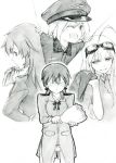 ;d ahoge blush bouquet charlotte_e_yeager erica_hartmann flask flower gertrud_barkhorn goggles goggles_on_head graphite_(medium) hanna-justina_marseille hat highres hip_flask kisetsu military military_uniform monochrome multiple_girls no_eyes open_mouth peaked_cap profile smile strike_witches traditional_media uniform wink 