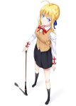  ahoge blonde_hair blue_eyes blush breasts calligraphy_brush fate/stay_night fate_(series) from_above hair_ribbon kaeru_no_ashi looking_at_viewer looking_up paintbrush ribbon saber school_uniform short_hair simple_background skirt solo standing vest waistcoat 