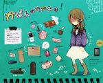  boots brown_hair care_bears cellphone digital_media_player empty_eyes flower hanako_(milk_flavor) handkerchief henohenomoheji ipod musical_note note pencil_case phone pout purse sketchbook skirt solo thermos translation_request usb 