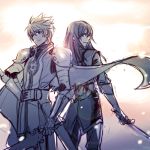  armor cape flynn_scifo gloves hand_on_hip hips knight lens_flare long_hair looking_back male meer_rowe monochrome multiple_boys rough spiked_hair spiky_hair sword tales_of_(series) tales_of_vesperia weapon yuri_lowell 