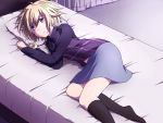  bed black_legwear blonde_hair blue_eyes highres lying nya? on_side pillow skirt sweater urotsuki yume_2kki 