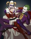  1boy 1girl batman:_arkham_asylum batman_(series) batman_arkham_asylum blonde_hair blood blue_eyes bow breasts cleavage dc_comics fingerless_gloves fishnets gb_(doubleleaf) genmaipudding gloves green_eyes green_hair grin harley_quinn midriff navel no_bangs sitting smile stethoscope syringe the_joker thighhighs twintails 