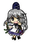  chibi grey_eyes hat mononobe_no_futo open_mouth ponytail shirt silver_hair skirt smile socha solo touhou 