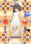  animal_ears apron barefoot black_hair bunny_ears feet inaba_tewi mossari_poteto naked_apron red_eyes solo toes touhou 