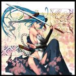  aqua_eyes aqua_hair breasts bridal_gauntlets coppelia_(futamine) hatsune_miku long_hair sideboob solo sword vocaloid weapon 