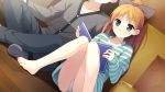  barefoot book book_focus bow dutch_angle feet game_cg green_eyes hair_bow highres kantoku minagawa_yuuhi no_pants orange_hair panties pantyshot pantyshot_(sitting) pantyshot_sitting ponytail sitting smile striped sweater underwear white_panties wide_ponytail wooden_floor your_diary 