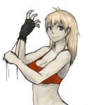  adjusting_gloves bare_shoulders blonde_hair breasts cleavage dorohedoro earrings face fingerless_gloves gloves hands jewelry large_breasts metal_akira nikaido pale_skin smile solo sports_bra toned 