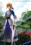  ahoge armor armored_dress blonde_hair blue_eyes breastplate cape dress excalibur fate/stay_night fate_(series) faulds fs-project gauntlets hair_ribbon hand_on_hilt highres horse planted_sword planted_weapon ribbon saber solo sword weapon 