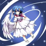  blue_hair dress grey_eyes hair_ribbon hemogurobin_a1c mai_(touhou) ribbon scarf shoes short_hair smile snowflakes solo touhou touhou_(pc-98) wings witch 