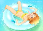  afloat aqua_background bare_legs bare_shoulders bikini brown_eyes brown_hair flat_chest food food_on_face glasses innertube looking_at_viewer lying mouth_hold navel popsicle precure purple-framed_glasses sakura_kotetsu shirabe_ako short_hair solo suite_precure swimsuit water yellow_bikini yellow_swimsuit 