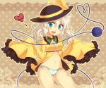  :d blue_eyes blue_panties bow brown_background floral_print grey_hair hat hat_bow heart heart_background heart_of_string komeiji_koishi long_hair long_sleeves miruki navel no_pants open_mouth panties side-tie_panties silver_hair sleeves_past_wrists smile solo third_eye touhou underwear wide_sleeves 
