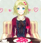  bow casual cub cup fork green_hair gumi hairband heart highres knife ribbon vient vocaloid 