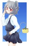  adjusting_glasses alternate_costume animal_ears basket bespectacled brown_eyes fingernails glasses grey_hair hand_on_hip hands highres jumper kuroi_mizore looking_at_viewer mouse_ears mouse_tail nazrin red-framed_glasses red_eyes short_hair simple_background solo tail touhou 