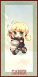  1girl ahoge arm_up artoria_pendragon_(all) blonde_hair blush business_suit chibi child fate/stay_night fate/zero fate_(series) frame green_eyes hair_ribbon highres open_mouth ponytail ribbon saber sankuma solo sword tricycle weapon 