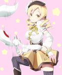  blonde_hair boots breasts corset detached_sleeves drill_hair fingerless_gloves gloves hair_ornament hat kyubey magical_girl mahou_shoujo_madoka_magica motion_lines pleated_skirt puffy_sleeves ribbon skirt tafks thigh-highs thighhighs tomoe_mami twin_drills vertical-striped_legwear vertical_stripes yellow_eyes zettai_ryouiki 