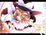  :o apron bad_id blonde_hair bow braid broom dress enje_(pixiv3289887) frills hat kirisame_marisa long_hair open_mouth outstretched_hand ribbon shoes solo touhou witch witch_hat yellow_eyes 