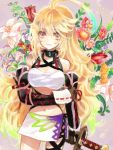  blonde_hair breasts brown_eyes choker elbow_gloves flower gloves green_hair j-peg lily_(flower) long_hair midriff milla_maxwell multicolored_hair rough skirt smile solo sword tales_of_(series) tales_of_xillia taut_shirt tubetop two-tone_hair weapon 