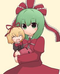  blonde_hair bow closed_eyes dress eyes_closed frills front_ponytail green_eyes green_hair hair_bow hair_ribbon himegi kagiyama_hina medicine_melancholy minigirl multiple_girls open_mouth ribbon touhou 